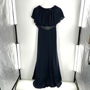 Adrianna‎ Papell Womens Capelet Gown Dress Formal Wedding Jeweled Waist Blue 4